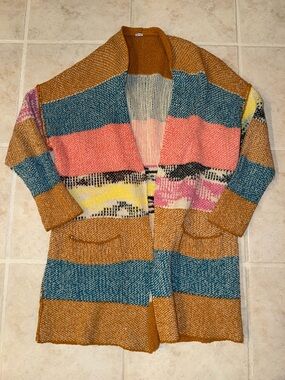 Free People Multicolor Open-Front Striped Cardigan in Mustard, Teal, Coral, Pink